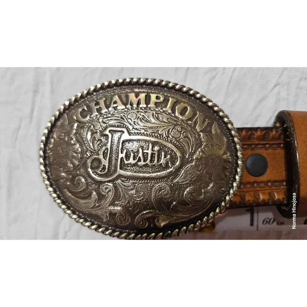 Vintage Justin Champion Western Leather Belt W/ Tooled Buckle & Woven Design 25